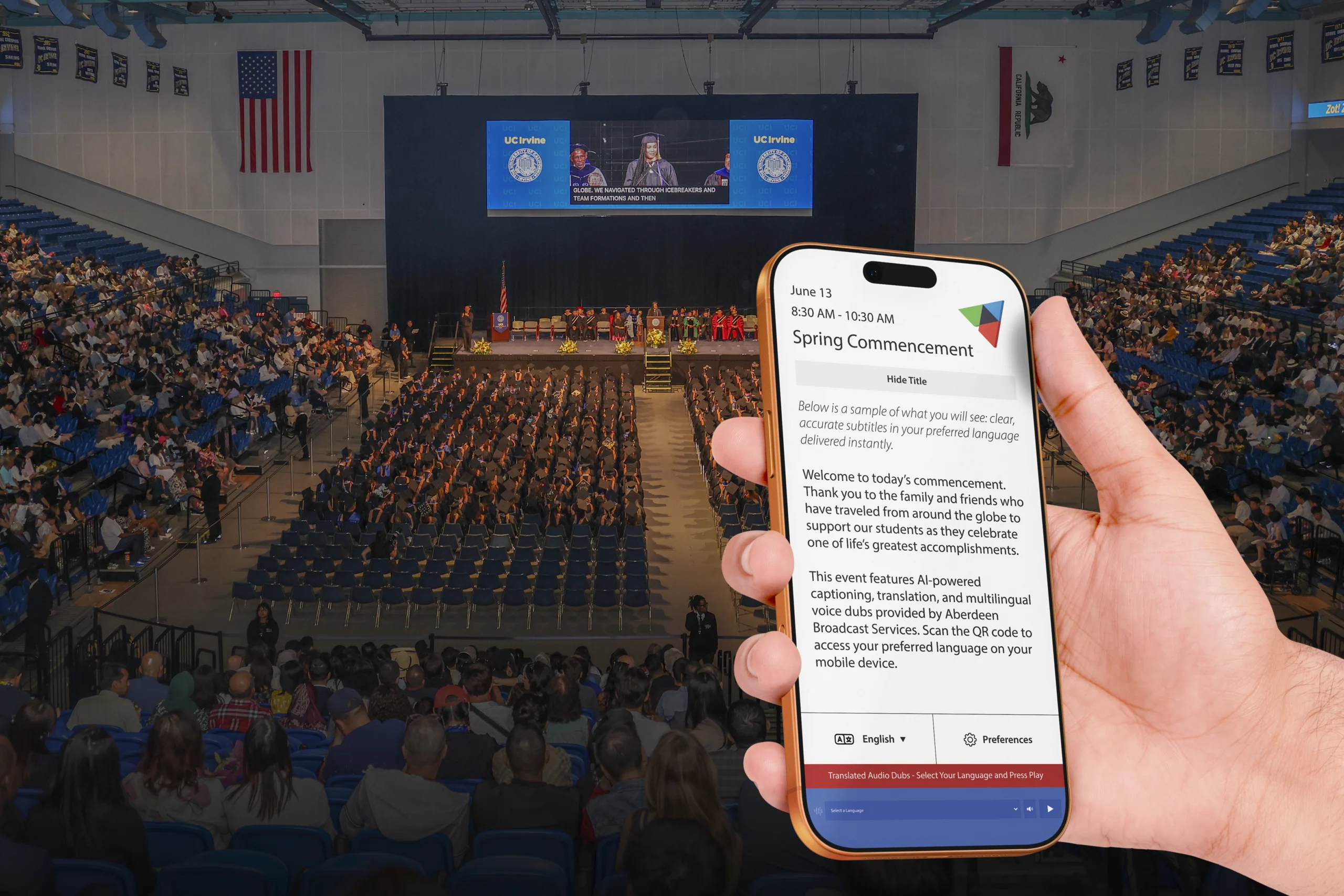 University commencement ceremony in a large arena with graduates seated and a smartphone displaying AI-powered captions, translation, and multilingual audio access for attendees.