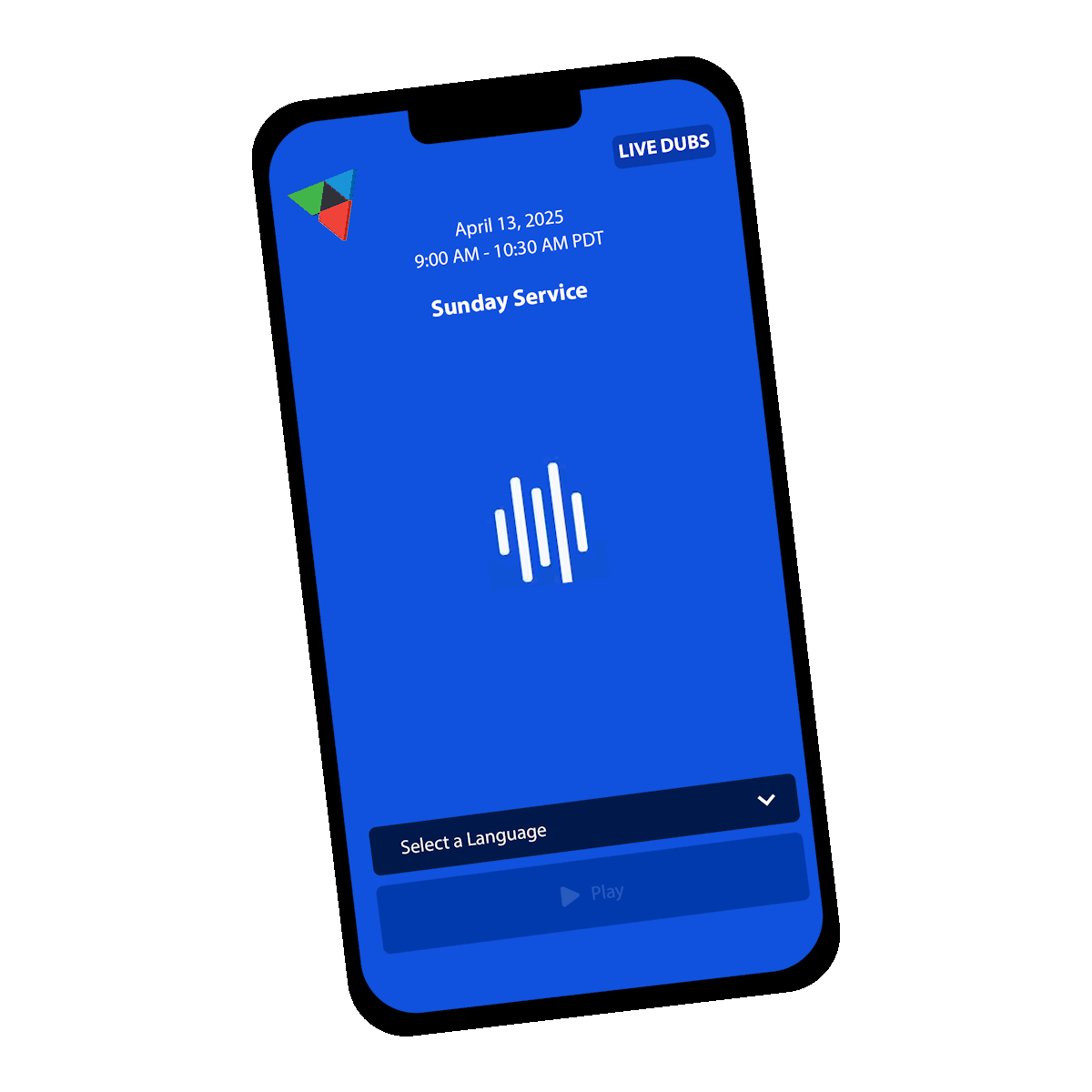 Mobile interface for Aberdeen’s live audio dubbing platform showing a Sunday service scheduled for April 13, 2025, with language selection and play button.