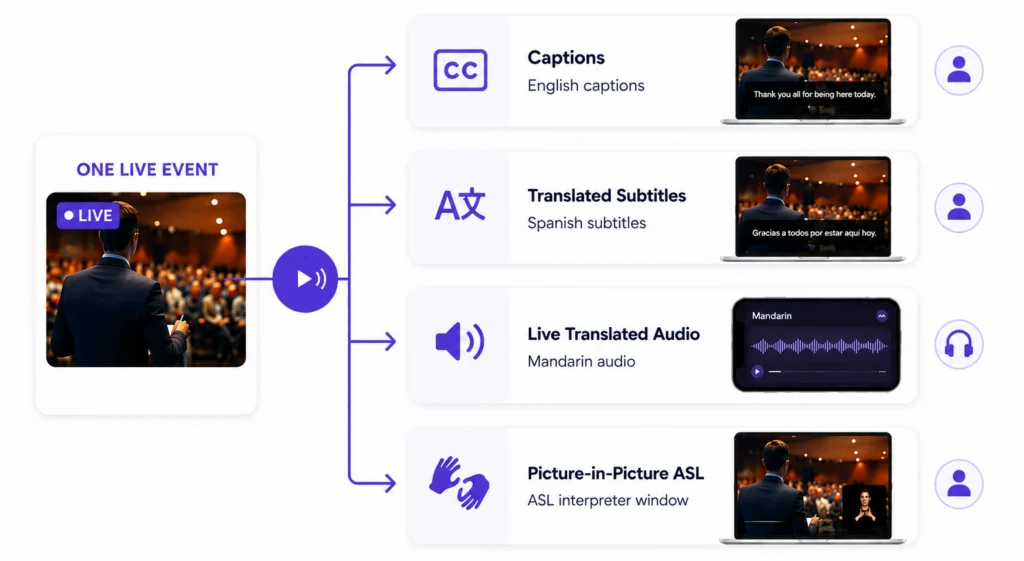 Diagram showing one live event branching into English captions, Spanish subtitles, Mandarin audio, and ASL interpretation.