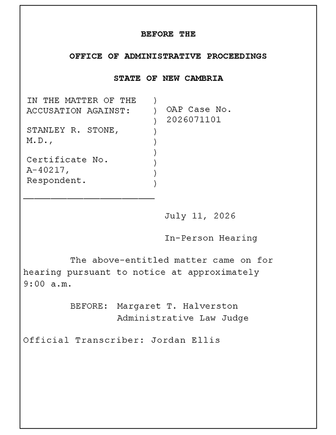 Sample transcript cover page from a fictional administrative hearing, showing the case caption, hearing date, and administrative law judge.