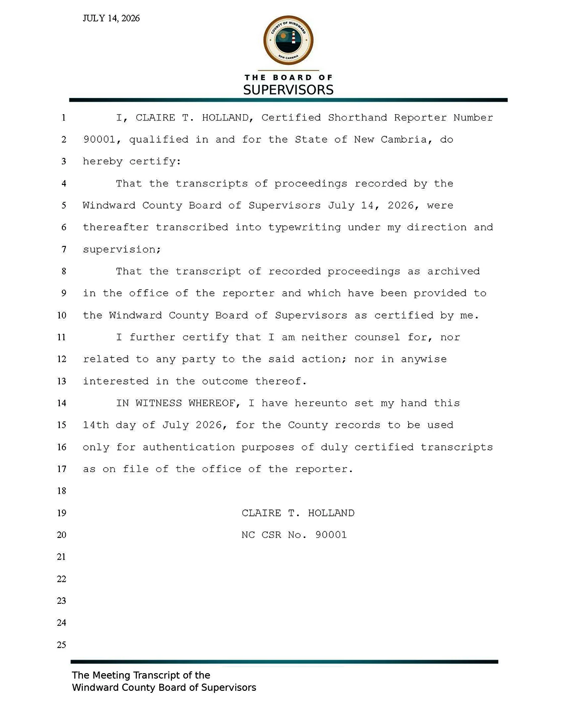Sample transcript certification page signed by a Certified Shorthand Reporter, with 25 numbered lines, from a fictional county board of supervisors meeting.
