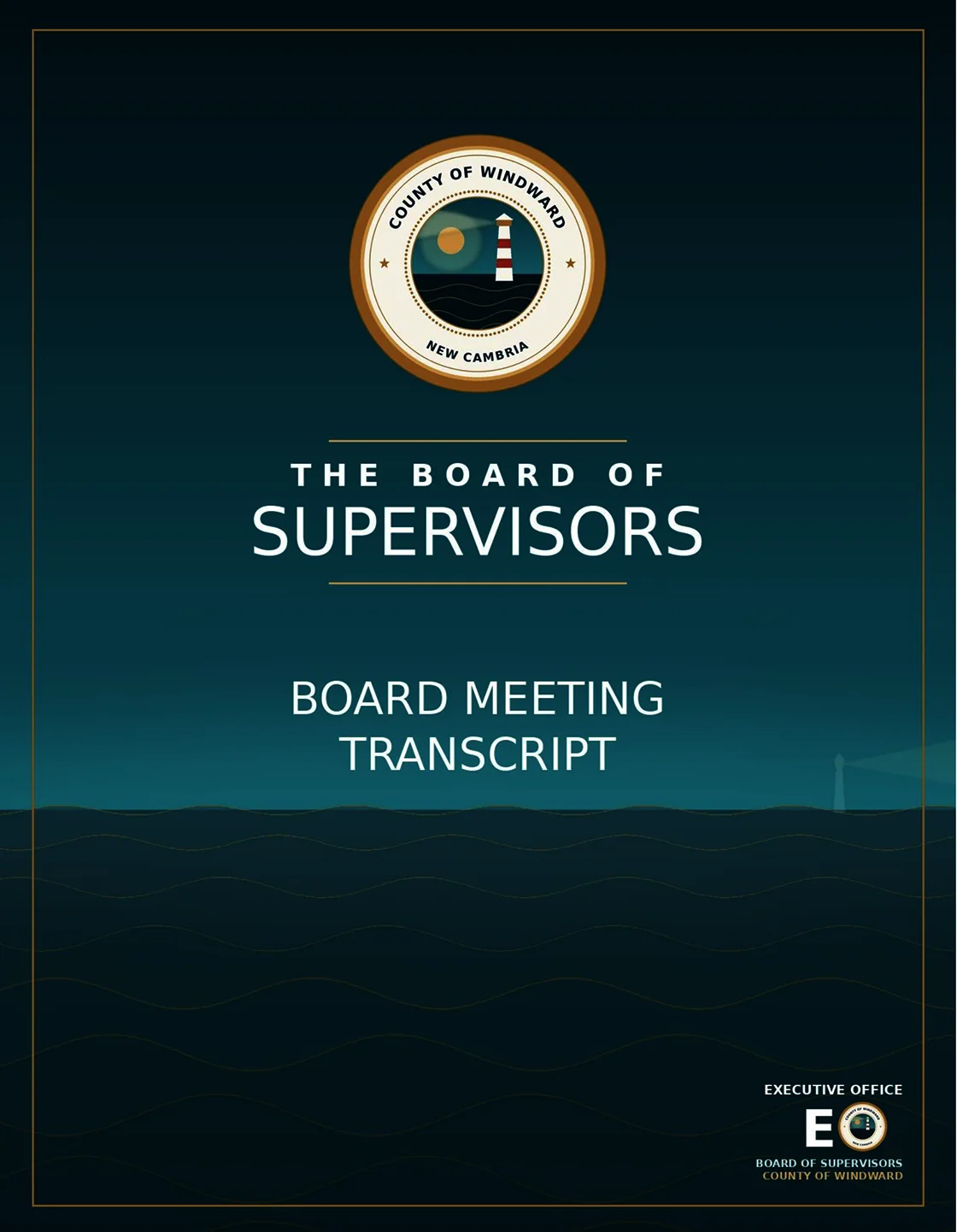 Sample transcript title page for a fictional county board of supervisors meeting, showing the county seal and the words Board Meeting Transcript.